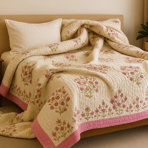 Handmade Block Print Cotton Quilt: Bohemian Bedding, Queen Size
