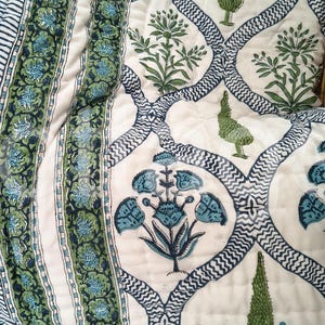 Hand Block Printed Cotton Quilt: Reversible Floral Bedding (90x108 inch Queen Size)