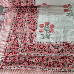 Indian Block Printed Cotton Quilt –Indian  Reversible Handmade Floral Double-Sided Bedding Comforter Blanket Quilt king queen size