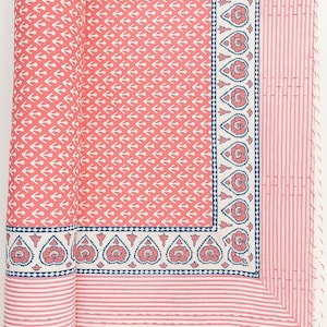 Handmade Indian Kantha Quilt: Block Print Cotton Bedspread
