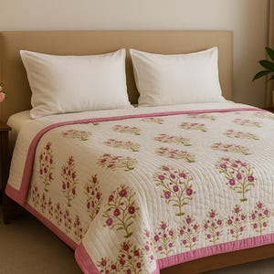 Block Print Cotton Quilt: Bohemian Bedding, White & Pink Reversible