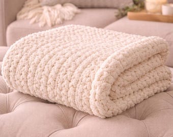 Chunky Knit Throw | Soft Chenille Couch Blanket | Cozy Handmade Throw