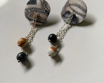 JOSIE | Beaded dangle earrings | dark tie dye earrings | neutral swirl earrings