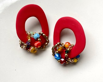OLIVIA | Polymer clay statement studs | red beaded earrings | minimalist | multicolor glass beaded earrings