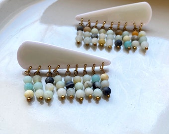 GIA| horizontal earrings | fashionist gift | cream earrings | amazonite bead earrings | statement stud | modern earrings