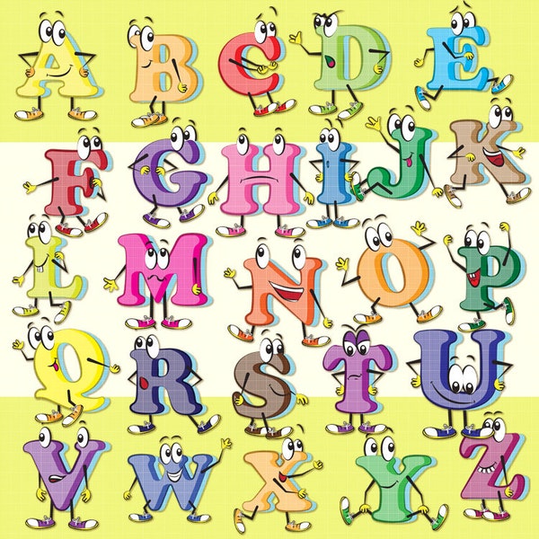 Clipart d’alphabet drôle, Drôles de visages Alphabet, Alphabet coloré, Lettres majuscules de l’alphabet, Grands yeux colorés Mignon Fun Kids Graphic