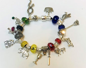 WIZARD CHARM Bracelet with The Kid Wizard hp and 4 ALL Houses movie inspired Items specific for All houses & characters