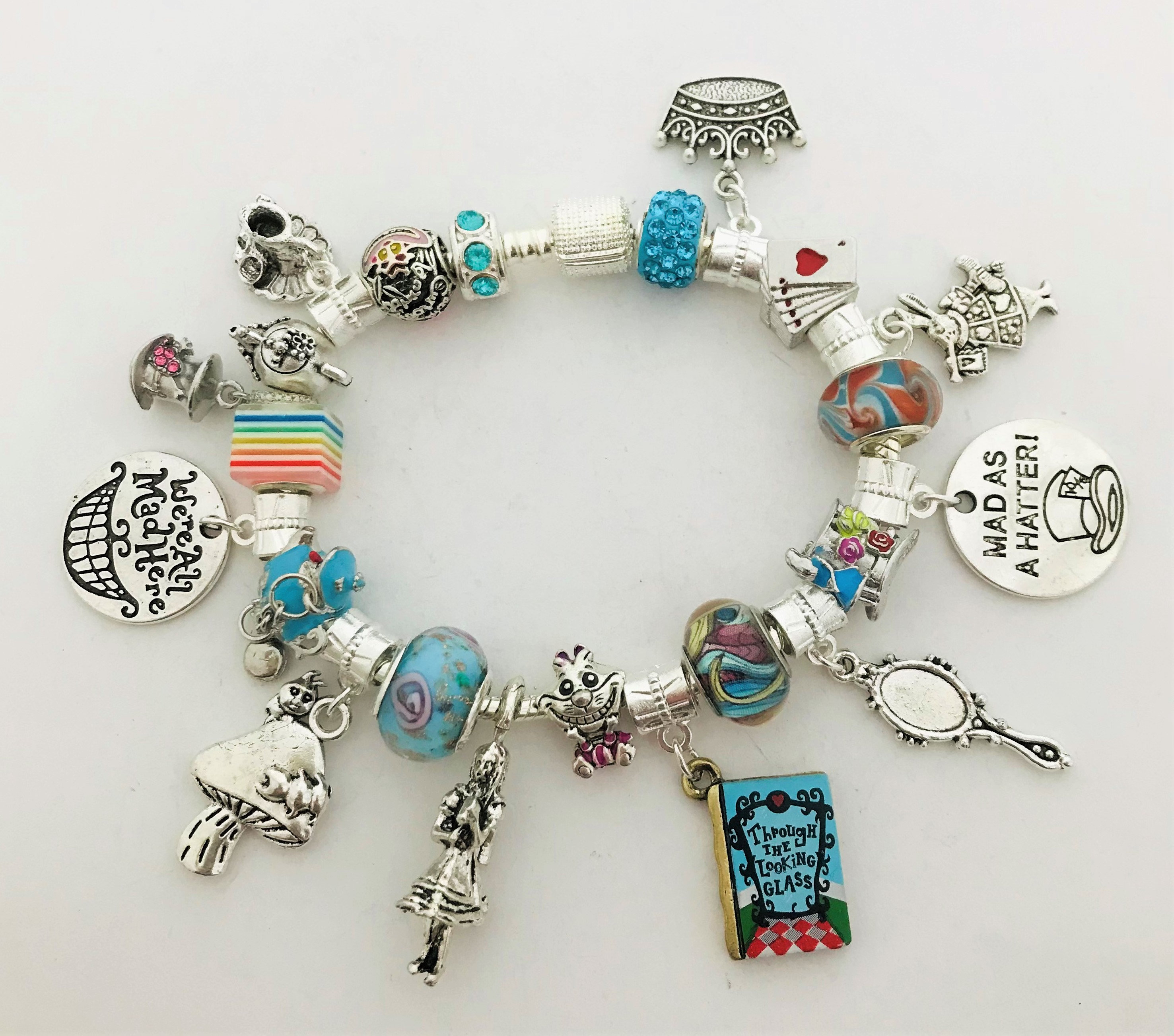 ALICE in WONDERLAND Charm BRACELET With Mouse in Teapot New Hat