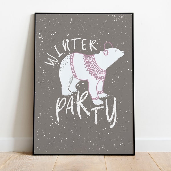 Arctic White Polar Bear Wall Art | Winter Party Poster | Printable Bear Wall Art | Nursery Decor | Animal Prints | Neutral Print
