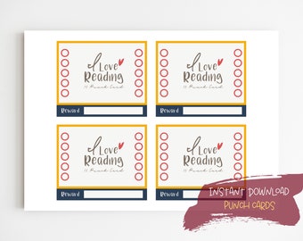May include: Four rectangular reading punch cards with a cream background, yellow borders, and navy blue accents. Each card has the text "I Love Reading" with a heart, and a space for a reward. The cards are designed for instant download.