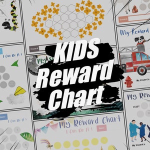 May include: A collection of colorful kids' reward charts with various designs, including a caterpillar, flowers, and a fire truck. The text "KIDS Reward Chart" is prominently displayed. Each chart has spaces for rewards and the text "My Reward Chart".