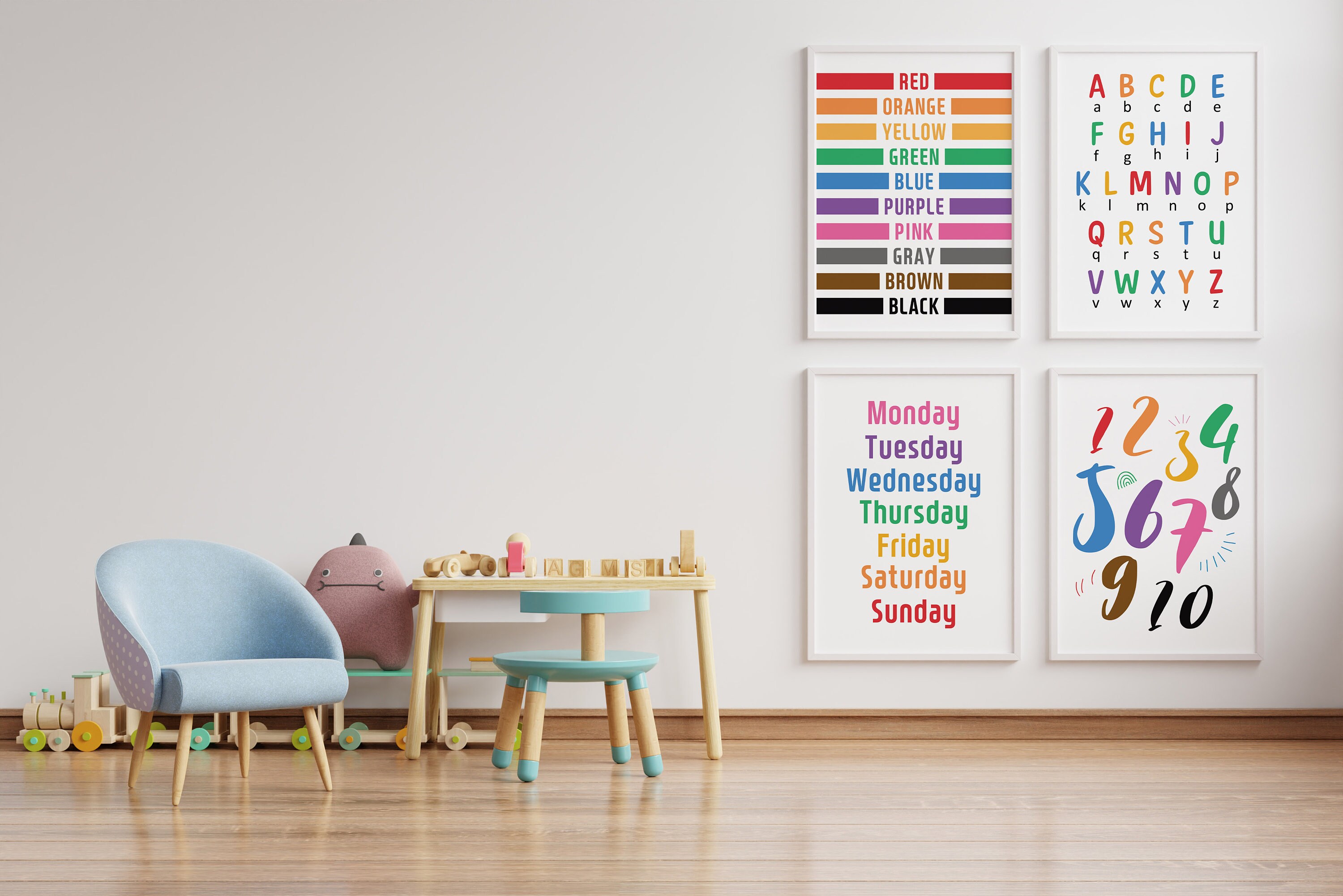 Set of 4 Educational Poster | Colors, Alphabet, Days, Numbers Wall ...