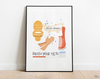 May include: A framed print with bathroom-themed illustrations. The artwork features a toilet, bathtub, hands, comb, and toothbrush, with text like "Brush Your Teeth" and "Wash Your Hands." The color palette includes orange, blue, and white elements.