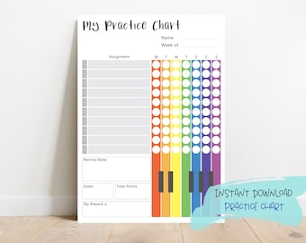 Weekly Piano Practice Reward Chart for Kids | Reward Chart for Kids | Instrumental Practice Sheet | Reward Chart for girl | A4, Letter