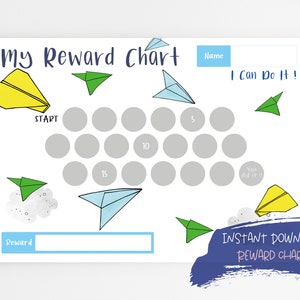 以下が含まれることがあります： 「My Reward Chart」の文字と、黄色、緑、青色の紙飛行機のイラストが描かれた白い報酬チャート。報酬用のスペースと「I can do it!」と「Instant Download Reward Chart」の文字が含まれています。