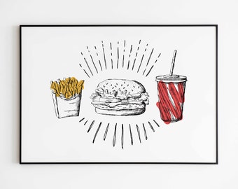 hambúrguer pôster | Arte de parede para impressão | Arte Alimentar | Impressão de hambúrguer | Decoração de casa em Hamburgo | Impressão de fast-food