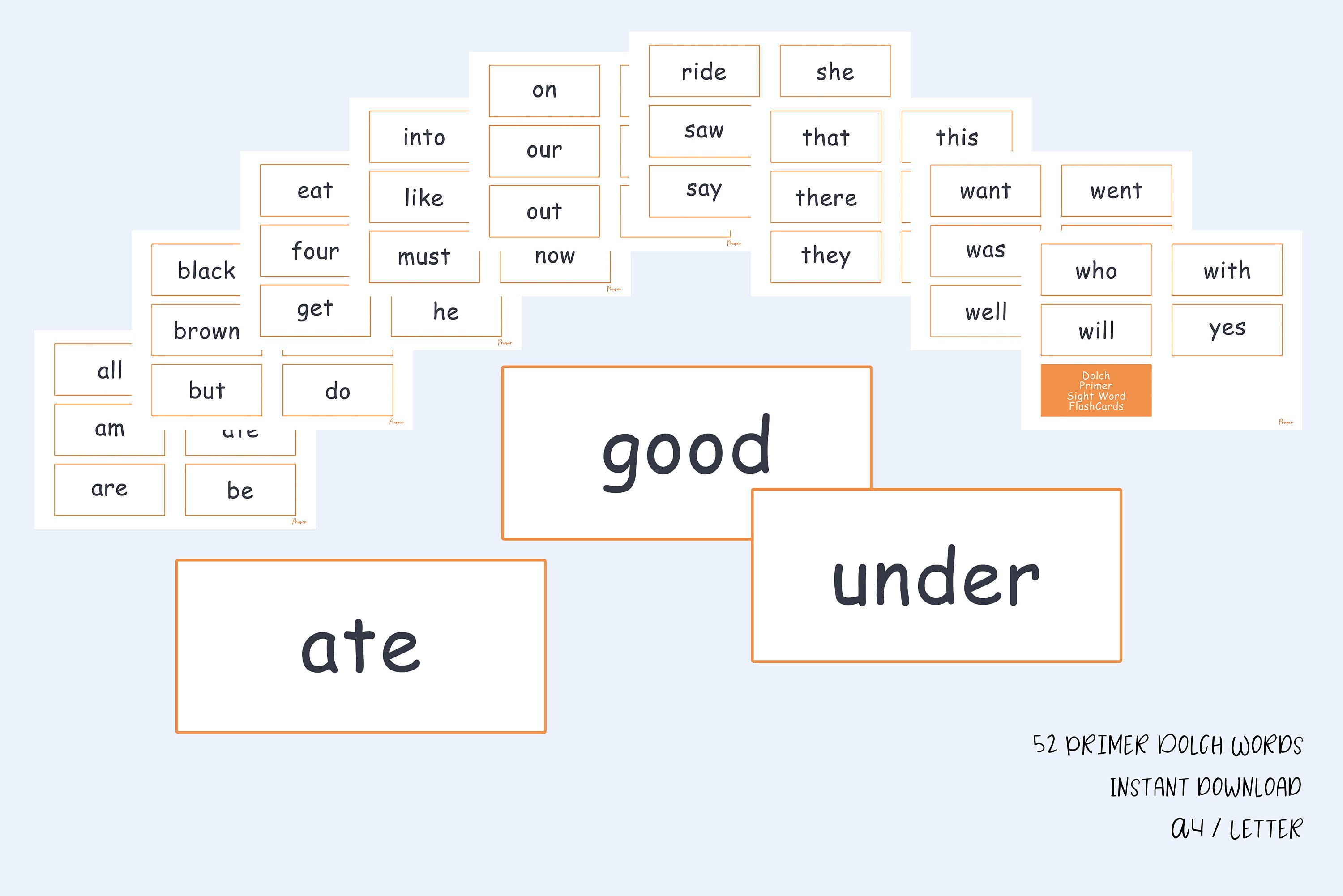 Dolch Sight Words Printable 52 Primer Dolch Words Flashcards Pre-k
