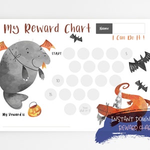 May include: A printable reward chart with a Halloween theme. The chart features a gray monster with orange wings, a pumpkin, and bats. The text "My Reward Chart" and "I Can Do It!" are displayed at the top. The chart is an instant download.