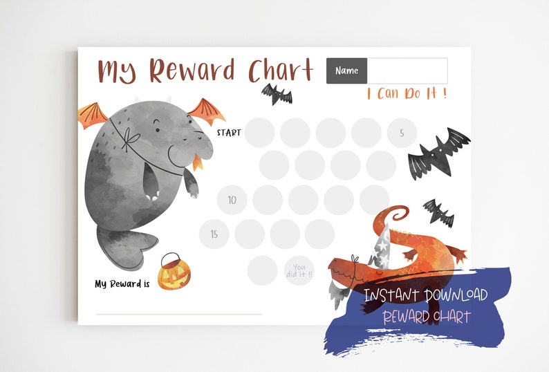 May include: A printable reward chart with a Halloween theme. The chart features a gray monster with orange wings, a pumpkin, and bats. The text "My Reward Chart" and "I Can Do It!" are displayed at the top. The chart is an instant download.