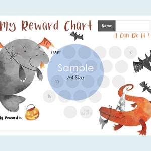 May include: A reward chart with the text "My Reward Chart" and "I Can Do It!". The chart features illustrations of a gray dragon-like creature, an orange dragon-like creature, bats, and a pumpkin. The chart includes space for a name and reward tracking.