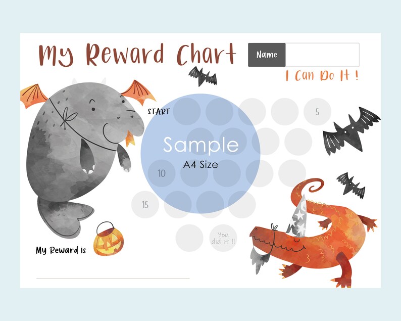 May include: A reward chart with the text "My Reward Chart" and "I Can Do It!". The chart features illustrations of a gray dragon-like creature, an orange dragon-like creature, bats, and a pumpkin. The chart includes space for a name and reward tracking.