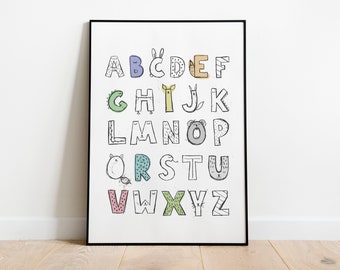 A to Z printable | Nursery Alphabet Print | Educational Poster | White & Black Nursery Wall Art | Printable Wall Art | Lettering Poster