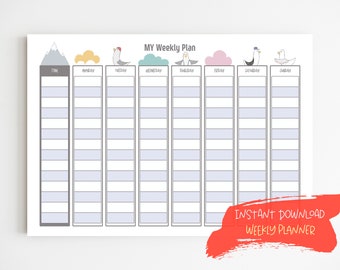 My Weekly Plan | Printable Planner for KIDS | Weekly Chart | Chores Chart | Study Planner | Homework Planner | Instant Download
