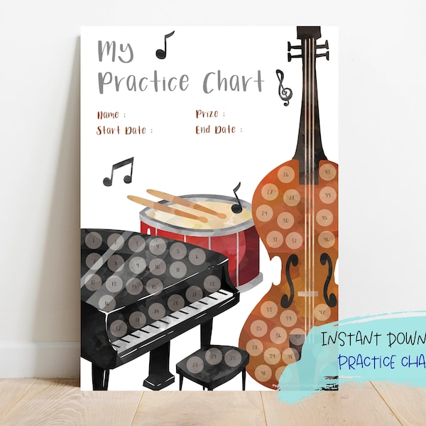 50 Day Music Practice Chart | Printable Reward Chart | Sticker Chart | Instrumental Practice | Habit Tracker | A4, Letter | Instant Download