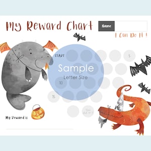 May include: A reward chart with a Halloween theme. The chart features a gray monster with orange wings and a red and orange dragon. The text includes "My Reward Chart", "Name", and "I Can Do It!"