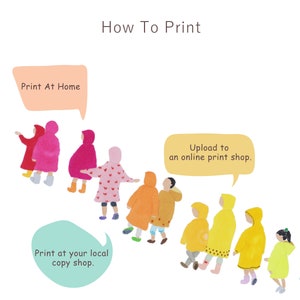 May include: Illustration showing how to print, with text bubbles. The text reads "How To Print", "Print At Home", "Print at your local copy shop", and "Upload to an online print shop". The image shows figures in colorful raincoats.