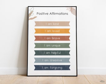 May include: A framed print with the words "Positive Affirmations" at the top. Below are colorful banners with positive affirmations such as "I am kind" and "I am loved". The artwork has a minimalist design with neutral colors.