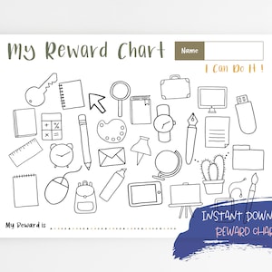 Może przedstawiać: Biały wykres nagród z napisem "My Reward Chart" i różnymi czarno-białymi ilustracjami artykułów szkolnych i biurowych. Wykres zawiera tekst "Name" i "I Can Do It!" z miejscem na wpisanie "My Reward is".