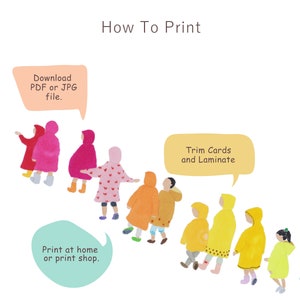 以下が含まれることがあります： 「How To Print」のテキストが入った水彩イラスト。カラフルなレインコートを着た子供たちの姿が描かれています。吹き出しには、PDFまたはJPGファイルをダウンロードし、自宅または印刷店で印刷し、カードをトリミングしてラミネートするという指示が書かれています。