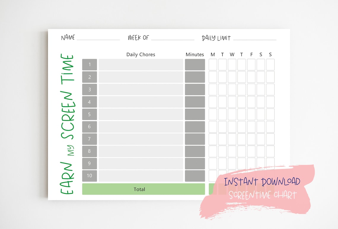Earn Screen Time Chores Chart Chore Chart for Kids Printable Reward ...