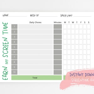 Earn Screen Time Chores Chart | Chore Chart for Kids | Printable Reward ...