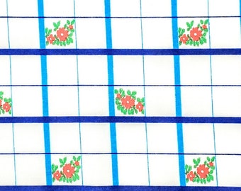 Vintage Crantex Fabric, Windowpane Floral Cotton, Blue and White Plaid, 1950s Fabric, Retro Floral Cotton,  Vintage Yardage, Cottage Chic