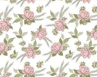 Country Roads Fabric, Poppie Cotton, White Shenandoa, Pink Floral on White, Pink Floral Cotton, Floral Print Quilting Cotton, Stash Builder