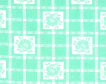 Shine On Fabric, Bonnie & Camille, Aqua Check Print,  Shine On Check, 1950s Inspired, Green Floral Quilting Cotton
