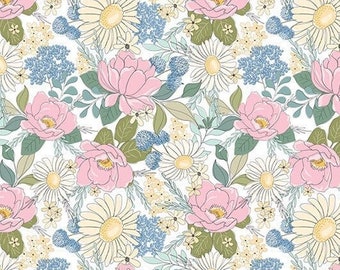 Take Me Home To the Place I Belong, Country Roads, Poppie Cotton, Lori Woods, Pink Flower Quilting Cotton, Large Print Scattered Floral