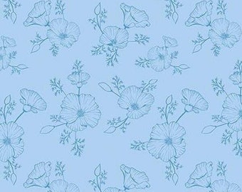 Golden Poppies in Blue, Shealeen Louise, Riley Blake Designs, Blue on Blue Tonal, Poppy Print Cotton, Line Drawn Floral, Blue Floral Fabric
