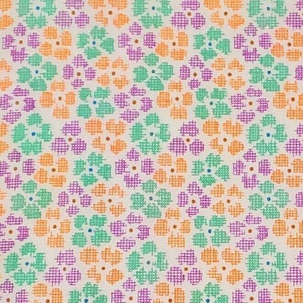 Adeline  Cotton, Chex Flowers, Kathy Hall, Andover Fabrics, 1930's Reproduction Print, Quilting Cotton, Orange Purple Green Floral Fabric