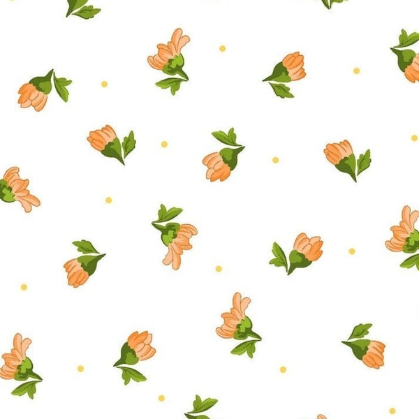 Fresh As A Daisy, Tossed Buds White, Rachel Shelburne, Maywood Studio Fabric, Daisy Cotton, Flowers and Polka Dots, Orange Floral Fabric