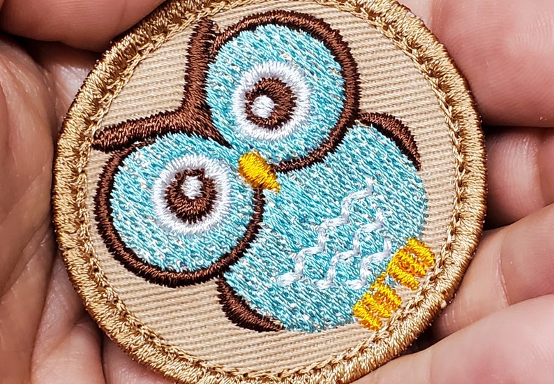 May include: Embroidered owl patch with a light blue body, brown accents, and white details. The owl has large, round eyes and is surrounded by a tan border. The patch is likely for clothing or accessories.