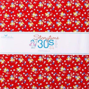 May include: Red fabric with a white and yellow repeating pattern of girls in dresses and sheep. The fabric has the text "Storytime 30s" and "Riley Blake Designs" printed on it.