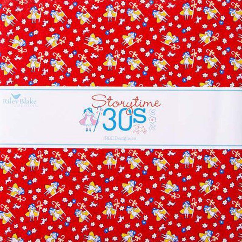 May include: Red fabric with a white and yellow repeating pattern of girls in dresses and sheep. The fabric has the text "Storytime 30s" and "Riley Blake Designs" printed on it.