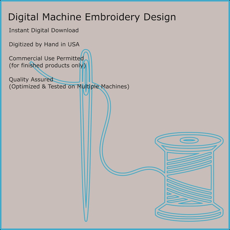 Pode incluir: Gr&aacute;fico de design de bordado digital com agulha e linha conectadas a uma bobina. O texto inclui "Digital Machine Embroidery Design", "Instant Digital Download" e "Digitized by Hand in USA".