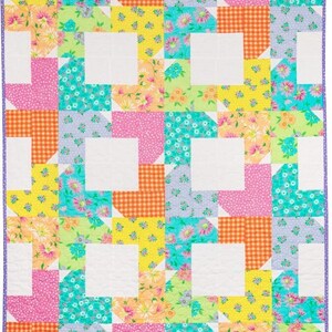 May include: A colorful quilt with a patchwork design featuring a variety of floral prints in shades of pink, yellow, blue, and green. The quilt is made up of squares and rectangles, and the pattern is repeated throughout the quilt.