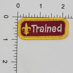 May include: A maroon rectangular patch with a gold border and a white embroidered fleur-de-lis and the word "Trained" in white.