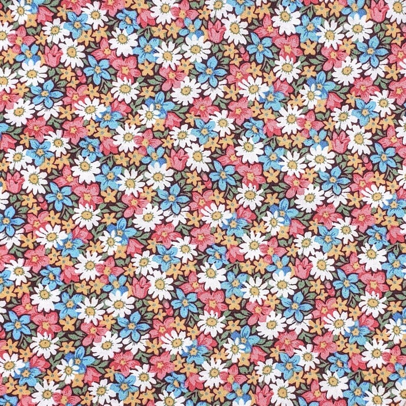 May include: A seamless pattern featuring a variety of small flowers in shades of pink, blue, white, and yellow on a dark brown background.