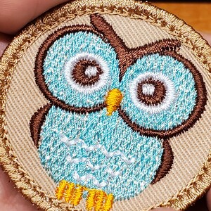 May include: Embroidered patch featuring a cartoon owl. The owl has a light blue body, brown wings and head, and white and brown eyes. The patch is round with a tan background and a gold border. The owl's beak is yellow.
